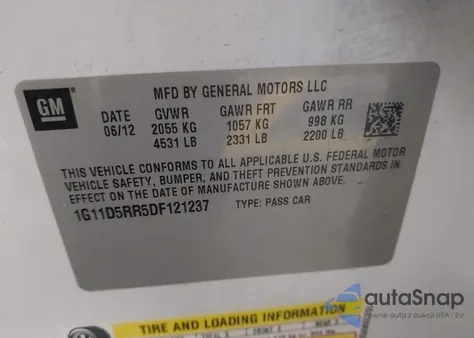 2013 Chevrolet Malibu Eco z USA, uszkodzony, nr VIN 1G11D5RR5DF121237